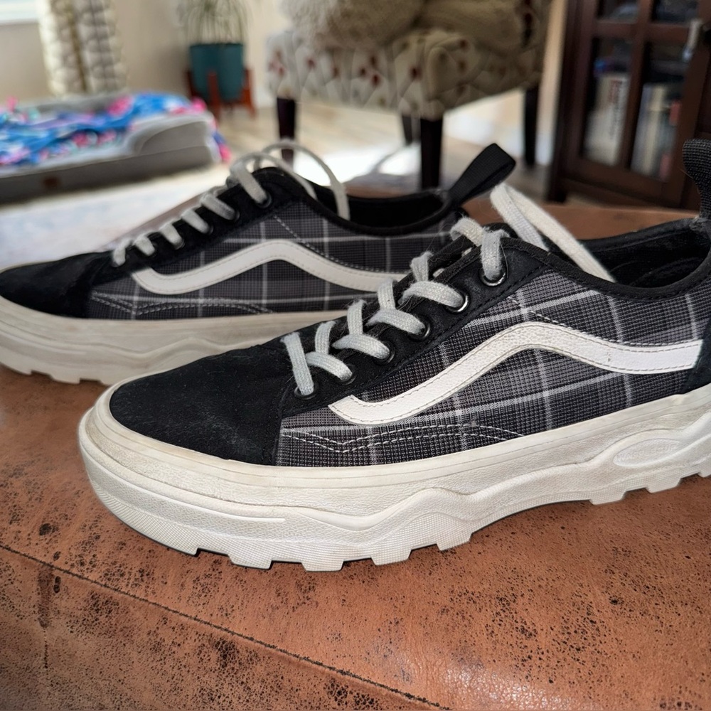 Black Gray and White Plaid Vans